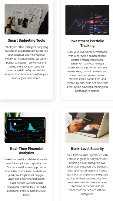 EchoPrysm AI-powered budgeting interface with smart expense categorization and budget recommendations
